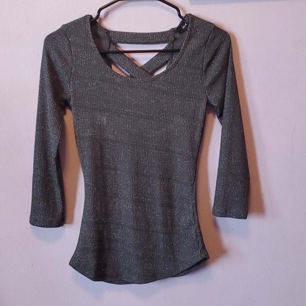 Y2K Glitter Love J Sparkly Top – Criss-Cross Back – 3/4 Sleeve – Size S